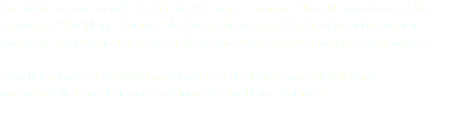 One of the reasons to visit Corfu is to experience a unique delectable experience at the restaurant "The Three Brothers". In the northern spot of Corfu, right at the coast of Astrakeri, the historical fish tavern offers since 1967 fresh fish to natives and visitors. Next to the boats of Astrakeri port, looking at the Ionian sea, you will enjoy the seafood delights that made tradition at "The Three Brothers".
